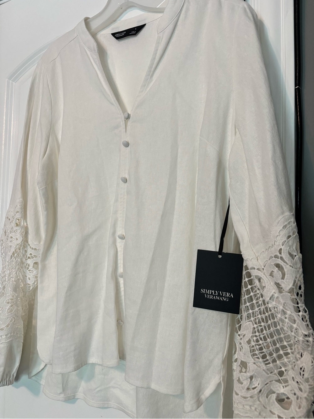 Simply Vera Vera Wang White Linen Lace-Sleeve Button Front Top Size Small